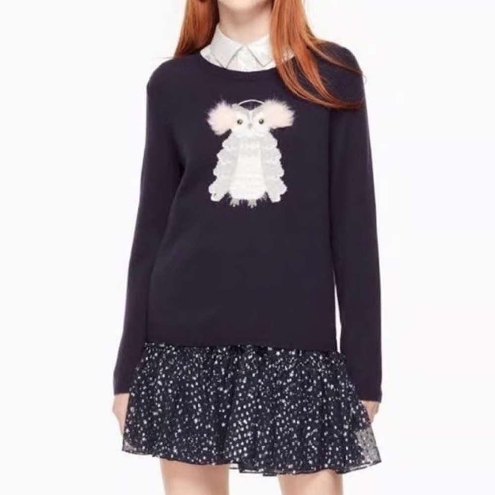 Kate Spade Broome Street Navy‎ Blue Wool Blend Owl Crewneck Sweater Large